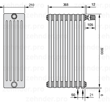 Схема (чертеж) Радиатор Zehnder Charleston 6300/8 №V002 Белый глянцевый RAL 9016